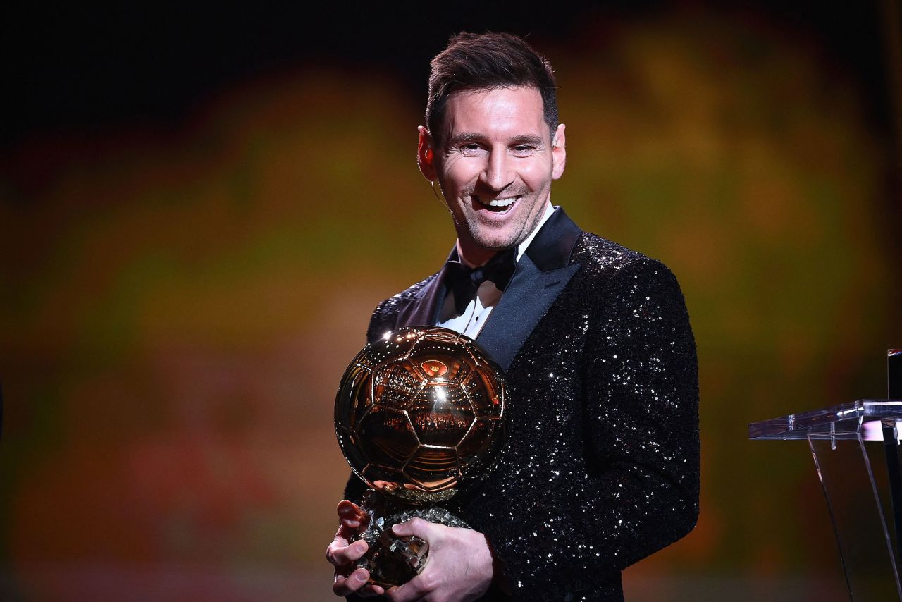 Soccer star Lionel Messi holds his <a href="https://www.cnn.com/2021/11/29/football/lionel-messi-alexia-putellas-ballon-dor-spt-intl/index.html" target="_blank">Ballon d'Or trophy</a> at an award ceremony in Paris on Monday, November 29. Messi, who helped Argentina win the Copa America title earlier this year, has won the Ballon d'Or a record seven times.