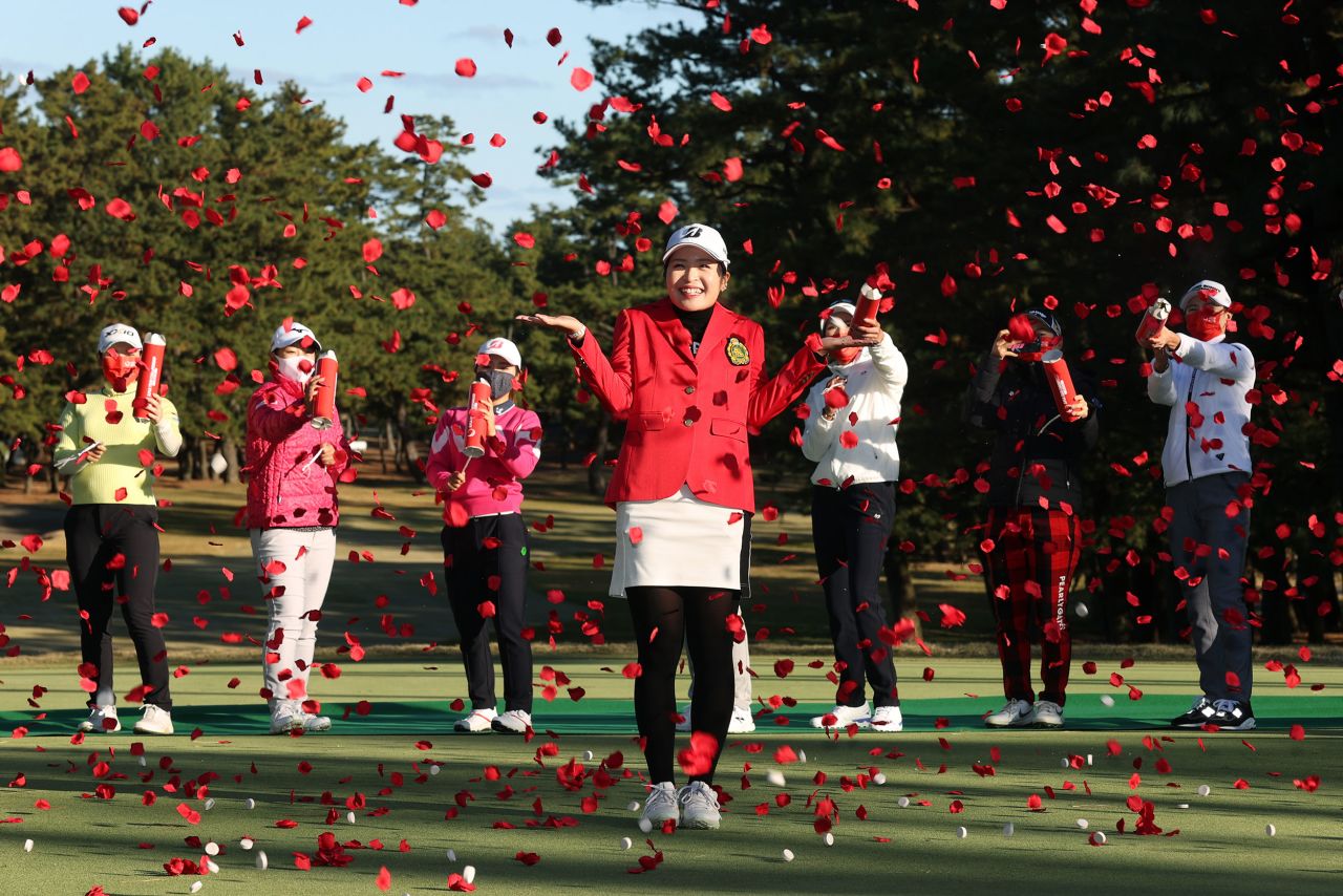 Golfer Kana Mikashima is showered by confetti after winning the Japan LPGA Tour Championship in Miyazaki, Japan, on Sunday, November 28.