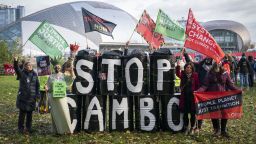 Activists from Friends of the Earth during a demonstration calling for an end to all new oil and gas projects in the North Sea, starting with the proposed Cambo oil field, outside the UK Government's Cop26 hub during the Cop26 summit in Glasgow. Picture date: Sunday November 7, 2021. (Photo by Jane Barlow/PA Images via Getty Images)