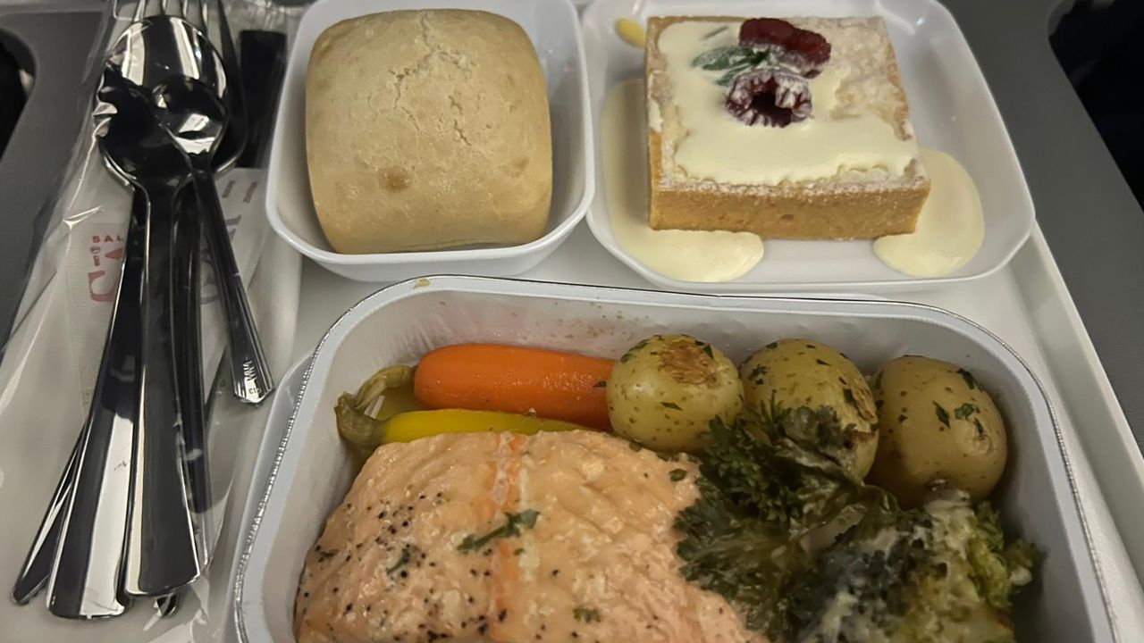 Passengers can choose between meat, fish or vegetarian meals.