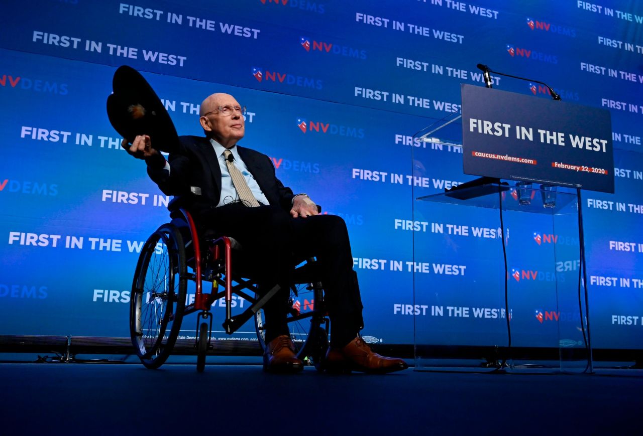 Reid acknowledges the audience during a Nevada Democrats event in Las Vegas in 2019. A year earlier, he underwent surgery for pancreatic cancer.