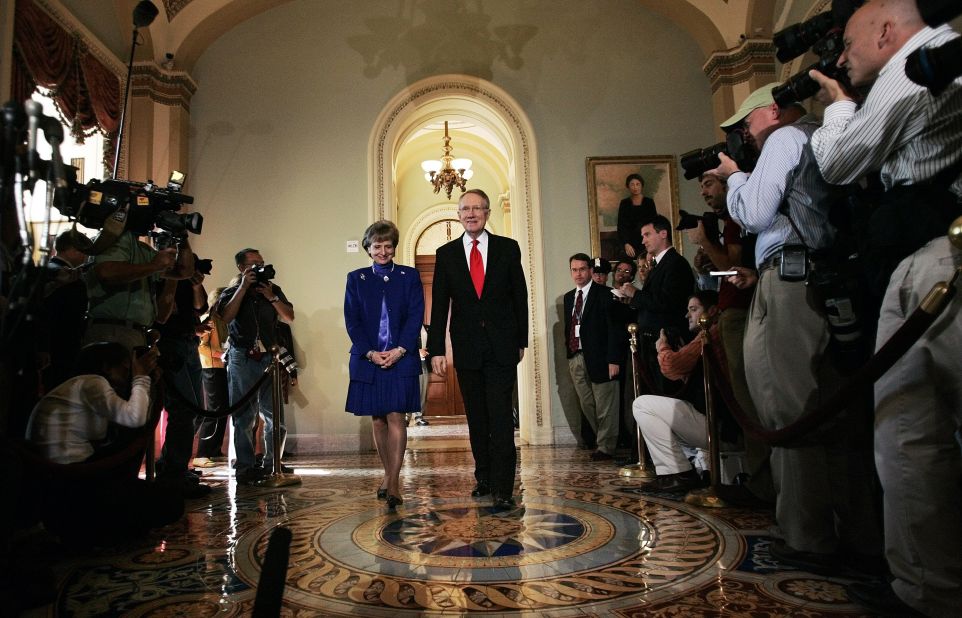 Reid and Supreme Court nominee Harriet Miers meet members of the media in 2005. Miers was nominated by President Bush to replace Sandra Day O'Connor. O'Connor's seat eventually went to Samuel Alito instead.