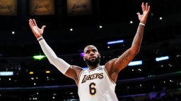 Los Angeles, CA, Sunday, November 28, 2021 - Los Angeles Lakers forward LeBron James (6) exults while leading his team on a second half run against the Detroit Pistons at Staples Center. (Robert Gauthier/Los Angeles Times via Getty Images)