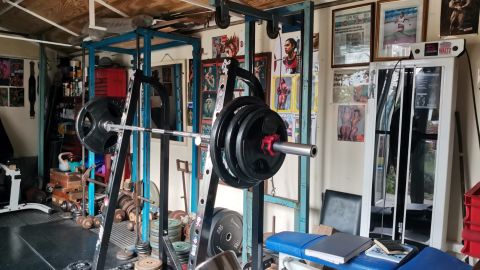 Bains' home gym includes equipment built by her father. 