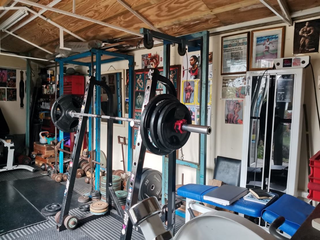 Bains' home gym includes equipment built by her father. 