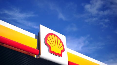 The Shell logo is pictured outside a petrol station in central London.