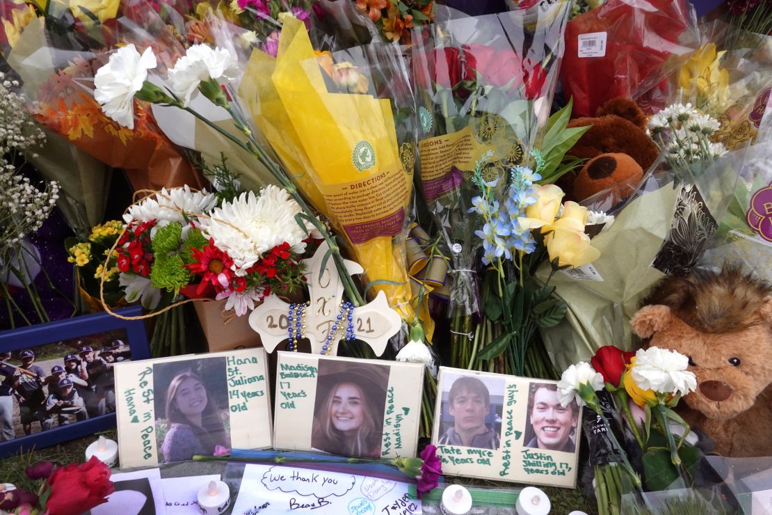 A memorial outside of Oxford High School on December 3, 2021, in Michigan. Four students were killed on November 30, when student Ethan Crumbley allegedly opened fire.