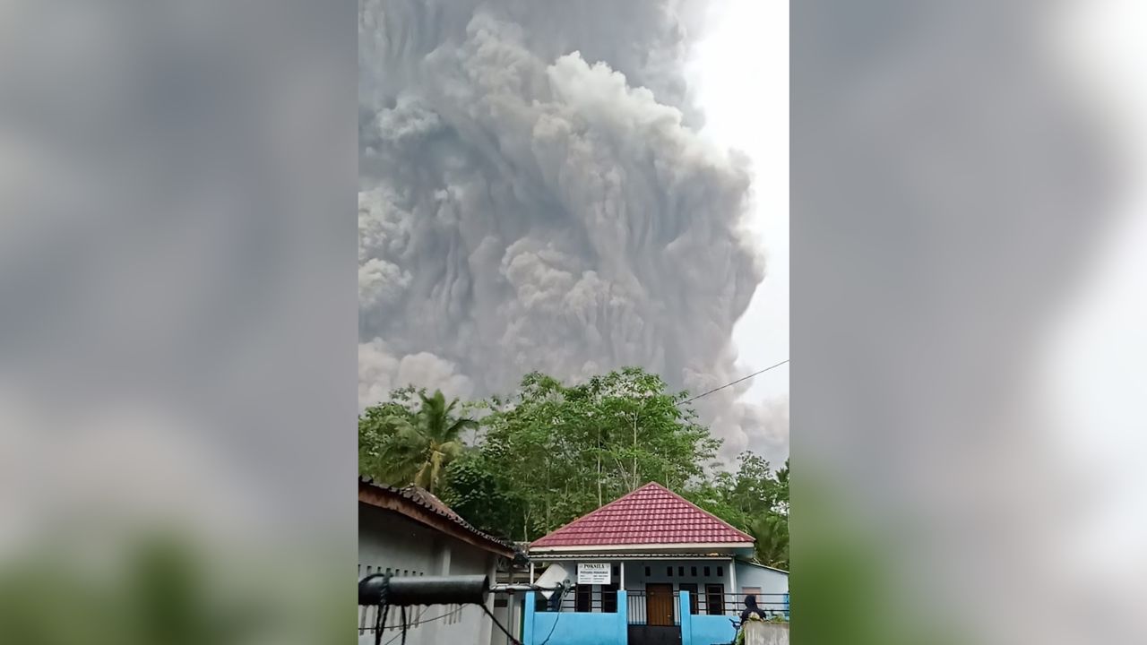 Mount Semeru spews ash into the air during an eruption on Saturday.