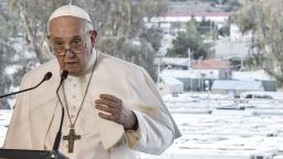 Pope Francis delivers a speech during a meeting with refugees at the Reception and Identification Centre (RIC) in Mytilene on the island of Lesbos on December 5, 2021. - Pope Francis return to the island of Lesbos, the migration flashpoint he first visited in 2016, to plead for better treatment of refugees as attitudes towards immigrants harden across Europe. (Photo by Louisa GOULIAMAKI / POOL / AFP) (Photo by LOUISA GOULIAMAKI/POOL/AFP via Getty Images)
