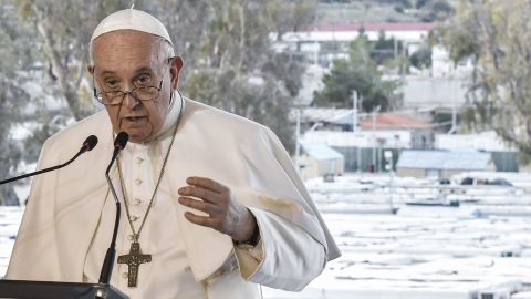 Pope Francis met with refugees on the Greek island of Lesbos on Sunday, where he lamented a "shipwreck of civilization."