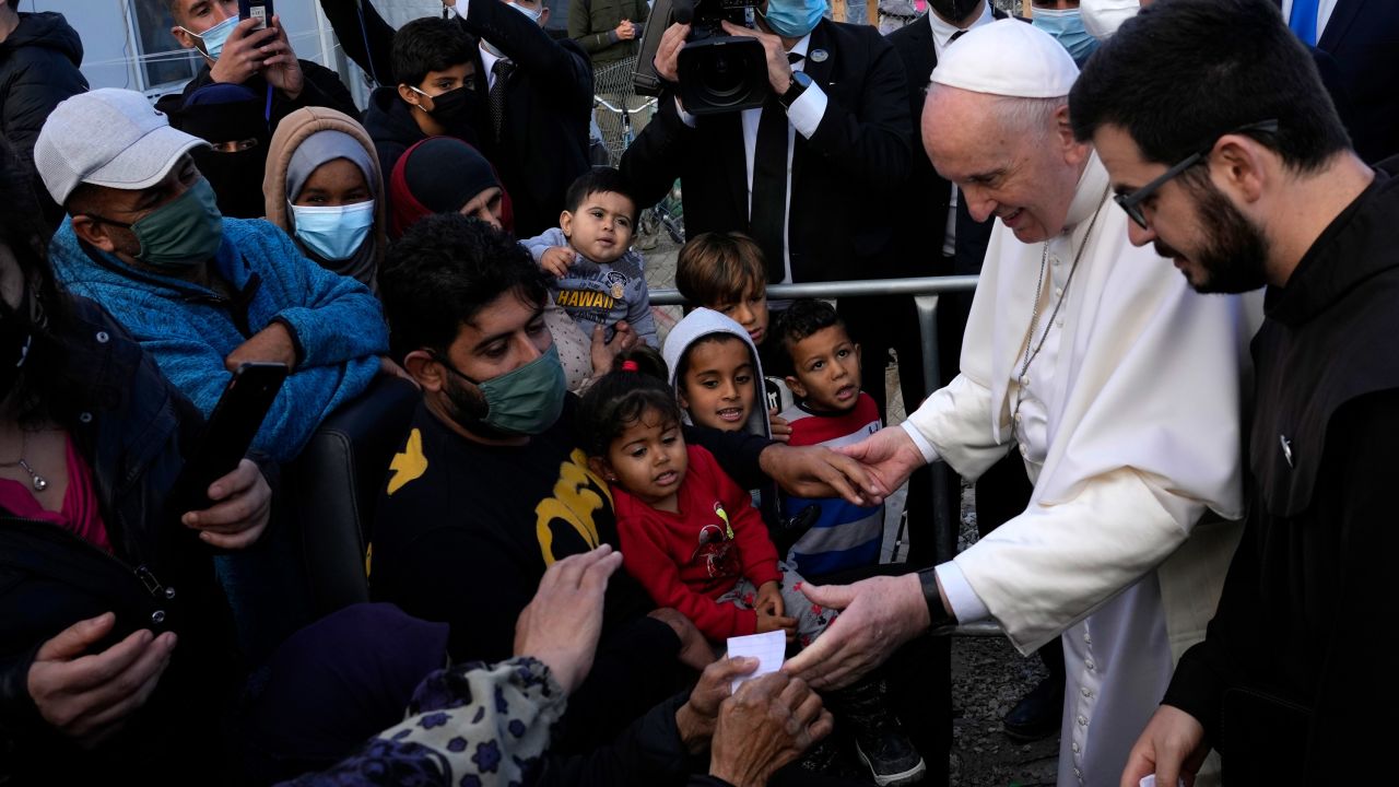 Pope Francis met migrants during his visit at the Karatepe refugee camp in Lesbos, calling on countries to "stop ignoring reality" of the crisis.