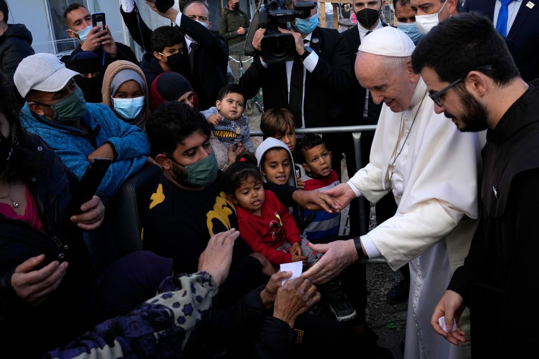 Pope Francis met migrants during his visit at the Karatepe refugee camp in Lesbos, calling on countries to "stop ignoring reality" of the crisis.