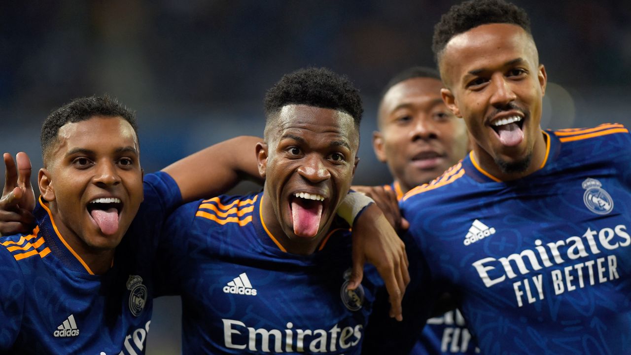 Vinicius Jr (center) celebrates his goal against Real Sociedad.