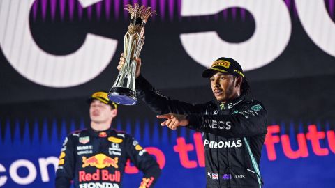 Lewis Hamilton celebrates after winning the Saudi Arabian Grand Prix.