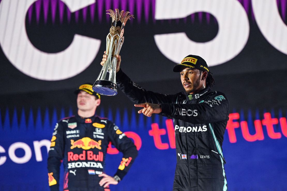 Lewis Hamilton celebrates after winning the Saudi Arabian Grand Prix.