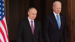 US President Joe Biden (R) and Russian President Vladimir Putin arrive for a US-Russia summit at Villa La Grange in Geneva on June 16, 2021.