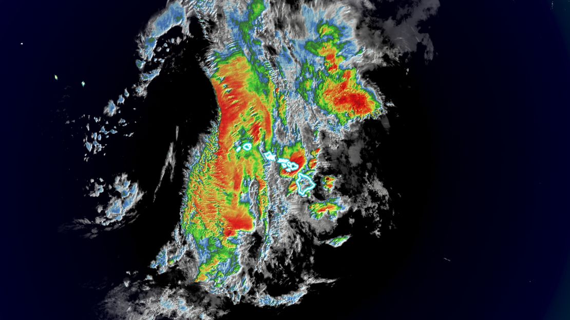 Satellite imagery shows the moisture-rich clouds streaming across the island chain early Monday morning.