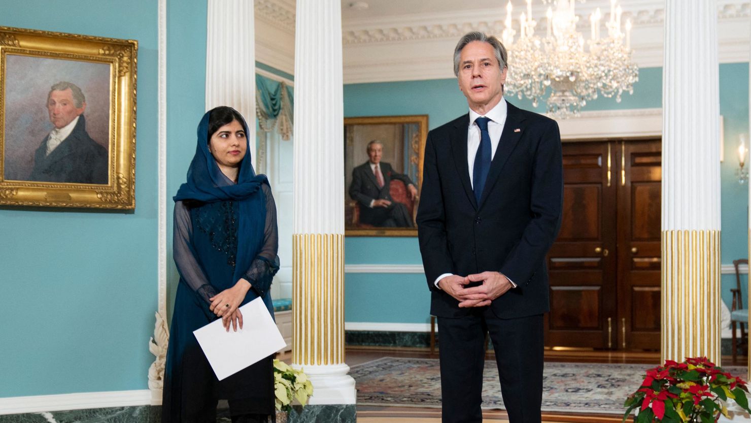 Secretary of State Antony Blinken welcomes Malala Yousafzai, Pakistani activist for female education and a Nobel Peace Prize laureate, at the State Department in Washington DC on December 6, 2021. 