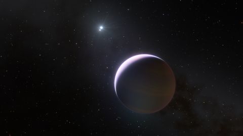 This artist's impression shows a close-up of the planet b Centauri b, which orbits a two-star system at 100 times the distance Jupiter orbits the sun.