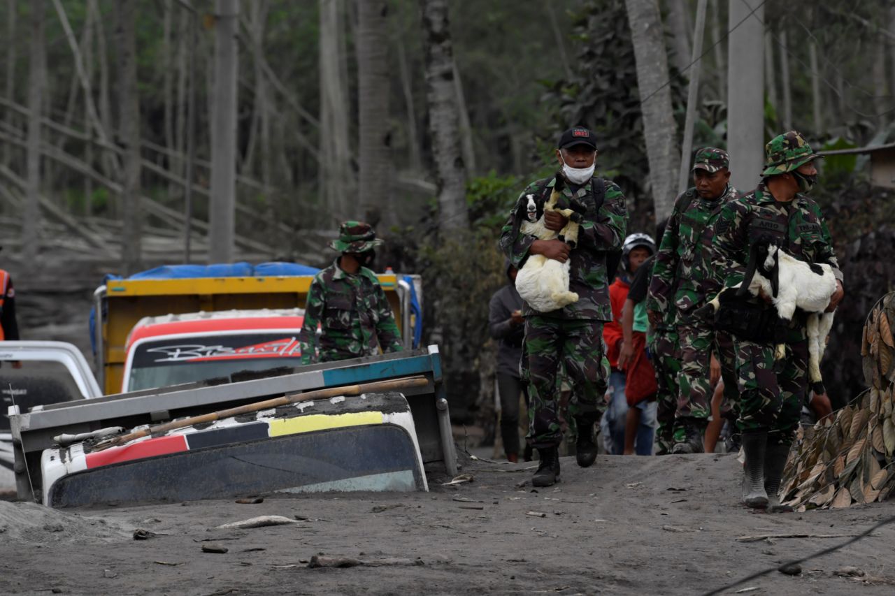 Indonesian military officers carry livestock away from the evacuation zone on Monday.