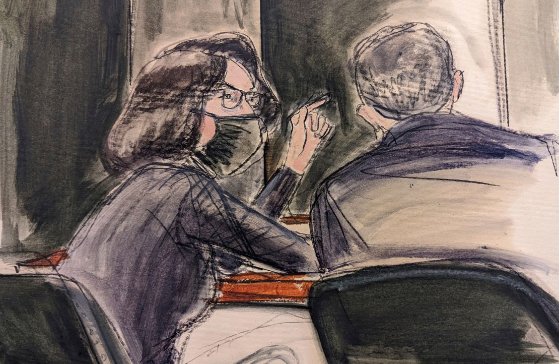 In this sketch, Ghislaine Maxwell, seated left, speaks to her defense attorney on Monday, December 6.