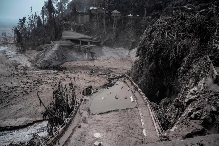 An area of Sumberwuluh is covered in ash on Sunday.