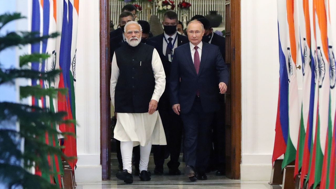 Russian President Vladimir Putin, right, and Indian Prime Minister Narendra Modi during their meeting in New Delhi, India, Monday, December 6.