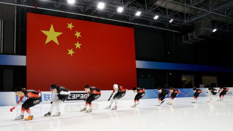 Speed skaters attend a training session for the upcoming Beijing 2022 Winter Olympics on December 3, 2021 in Beijing.