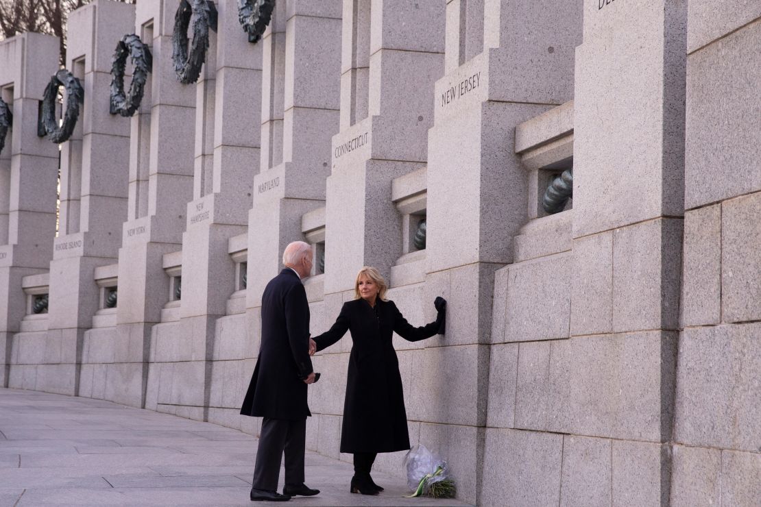 President Joe Biden and first lady Jill Biden visit the World War II Memorial in Washington, on Dec. 7, 2021. 