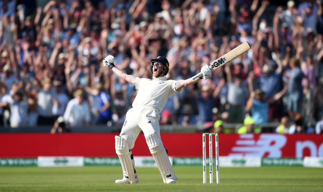 Ben Stokes celebrates hitting the winning runs to win the third Ashes Test match at Headingley on August 25, 2019 in Leeds, England. 