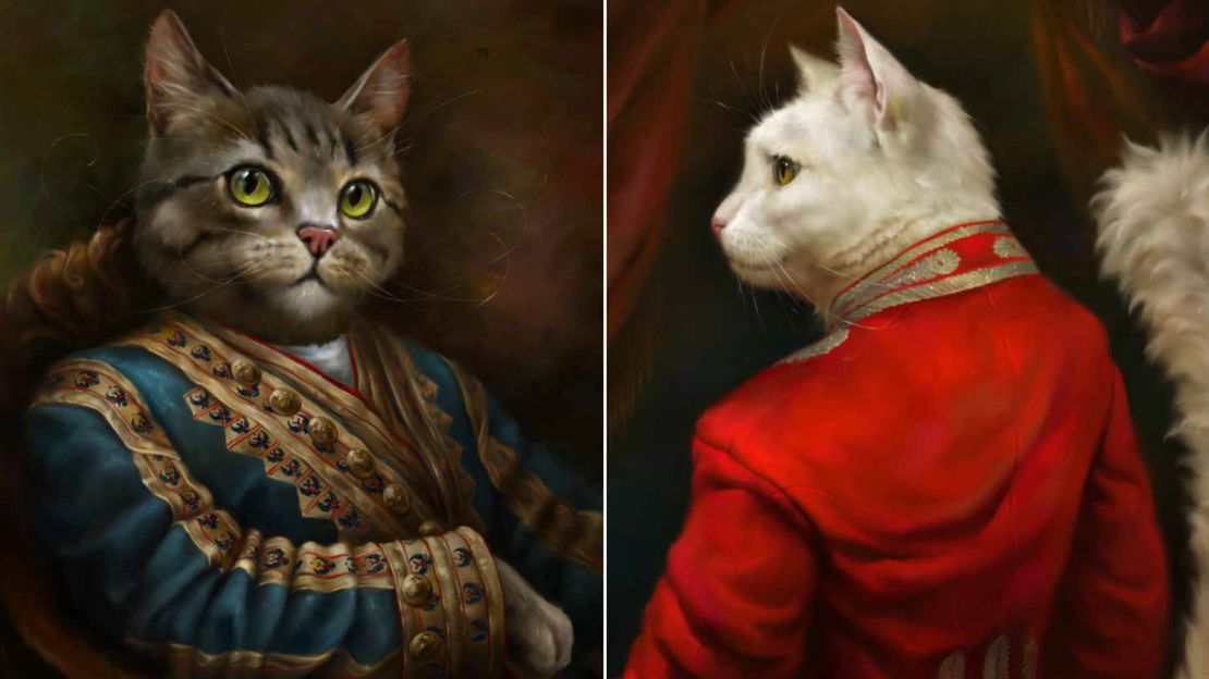 The palace cats have even been immortalized in these portrait illustrations, featuring costumes from the Hermitage collection. On the left is "Cat Tigrik" sporting a traditional court outrunner's ceremonial uniform. On the right, "Cat Gavrila Ardalionovich" models the court chamber herald's ceremonial costume.