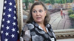 US Under Secretary of State Victoria Nuland arrives to a meeting with Lebanon's foreign minister in Beirut on October 14, 2021.