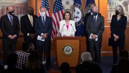 Speaker of the House Nancy Pelosi (C), D-CA, speaks during a news conference with Democratic leaders after the passage of the Build Back Better Act at the US Capitol in Washington, DC, on November 19, 2021.