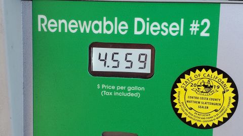 In this August 24, 2021, file photo, R95 Biomass based renewable diesel fuel, or biodiesel, is sold at a 76 gas station in Lafayette, California.