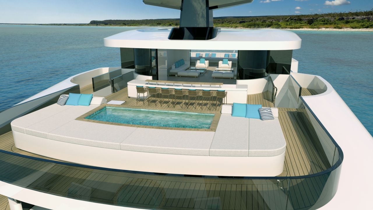 The vessel's sundeck is fitted with a Jacuzzi and a bar.