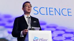 Pfizer CEO Albert Bourla talks during a press conference with European Commission President after a visit to oversee the production of the Pfizer-BioNtech Covid-19 vaccine at the factory of US pharmaceutical company Pfizer, in Puurs, on April 23, 2021.