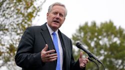 White House chief of staff Mark Meadows speaks with reporters outside the White House, Monday, Oct. 26, 2020, in Washington. (AP Photo/Patrick Semansky)