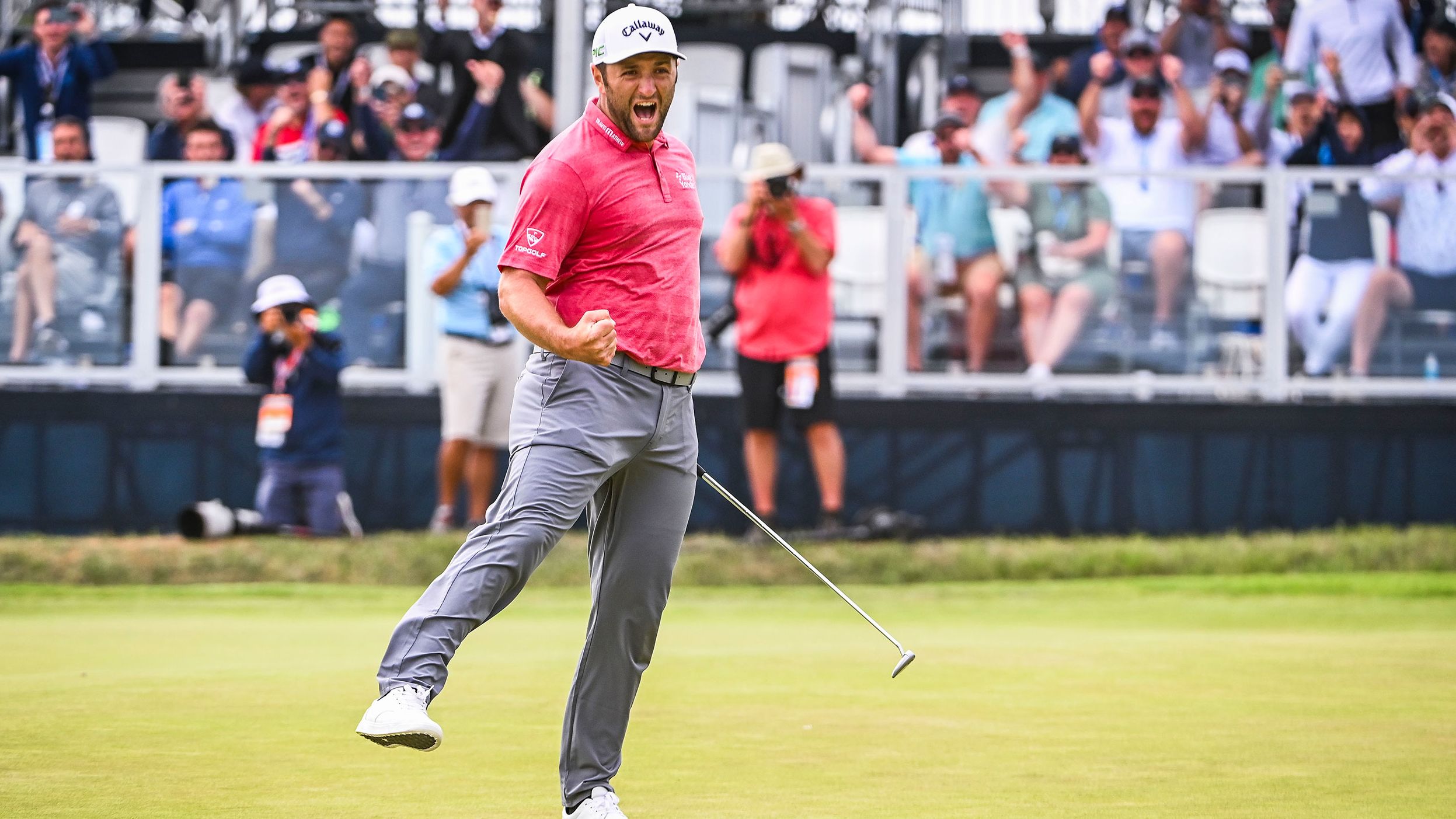 <strong>June 20: </strong>Jon Rahm celebrates after making a birdie putt on the 18th hole during the final round of the 121st US Open at Torrey Pines. With the putt, he won the major, the first of his career, a victory falling on his first Father's Day as a Dad. 