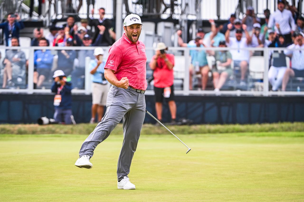 <strong>June 20: </strong>Jon Rahm celebrates after making a birdie putt on the 18th hole during the final round of the 121st US Open at Torrey Pines. With the putt, he won the major, the first of his career, a victory falling on his first Father's Day as a Dad. 