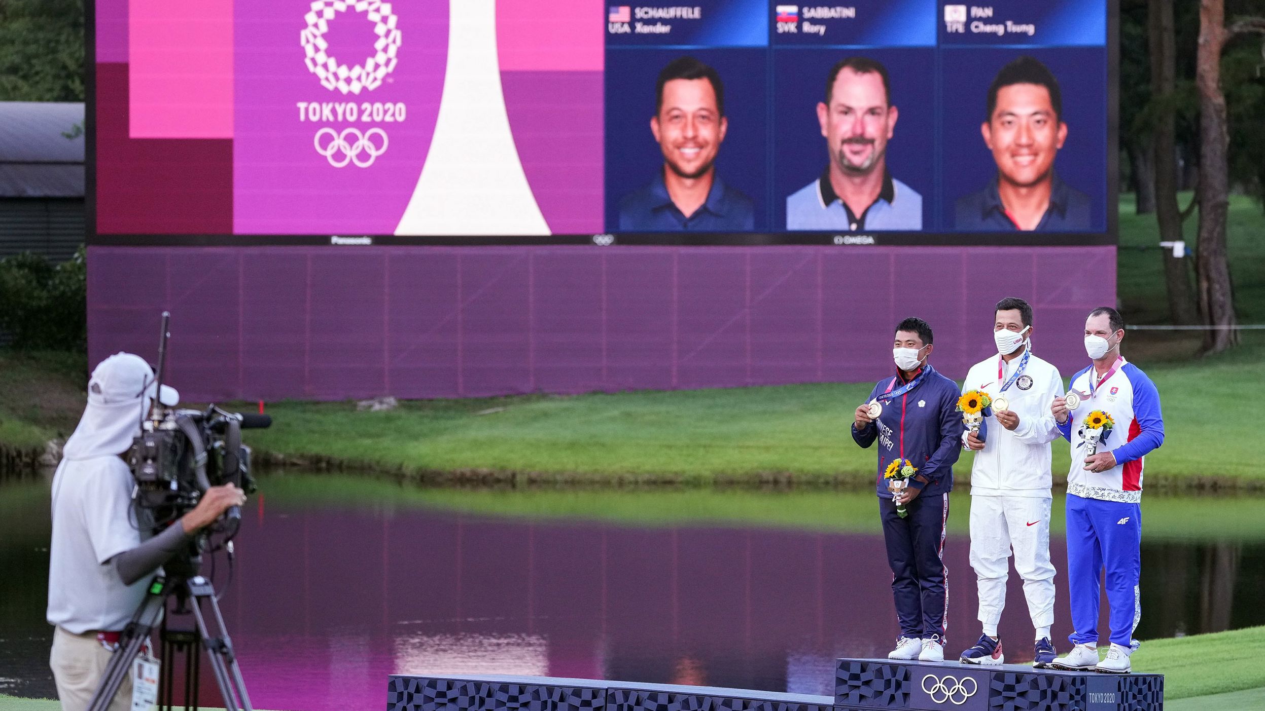 <strong>August 1: </strong>Xander Schauffele stands atop the podium after winning the gold medal at the Tokyo 2020 Olympic Games. Rory Sabbatini of Slovakia took silver while Pan C.T., representing Chinese Taipei at the Olympics, won bronze.