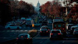 WASHINGTON, DC - NOVEMBER 23: The U.S. Capitol dome is seen as traffic fills North Capitol Street on November 23, 2021 in Washington, DC. AAA says that 90% of Thanksgiving travelers will be be traveling by car, with more than 53 million people traveling in total in the days leading up to the holiday. (Photo by Anna Moneymaker/Getty Images)