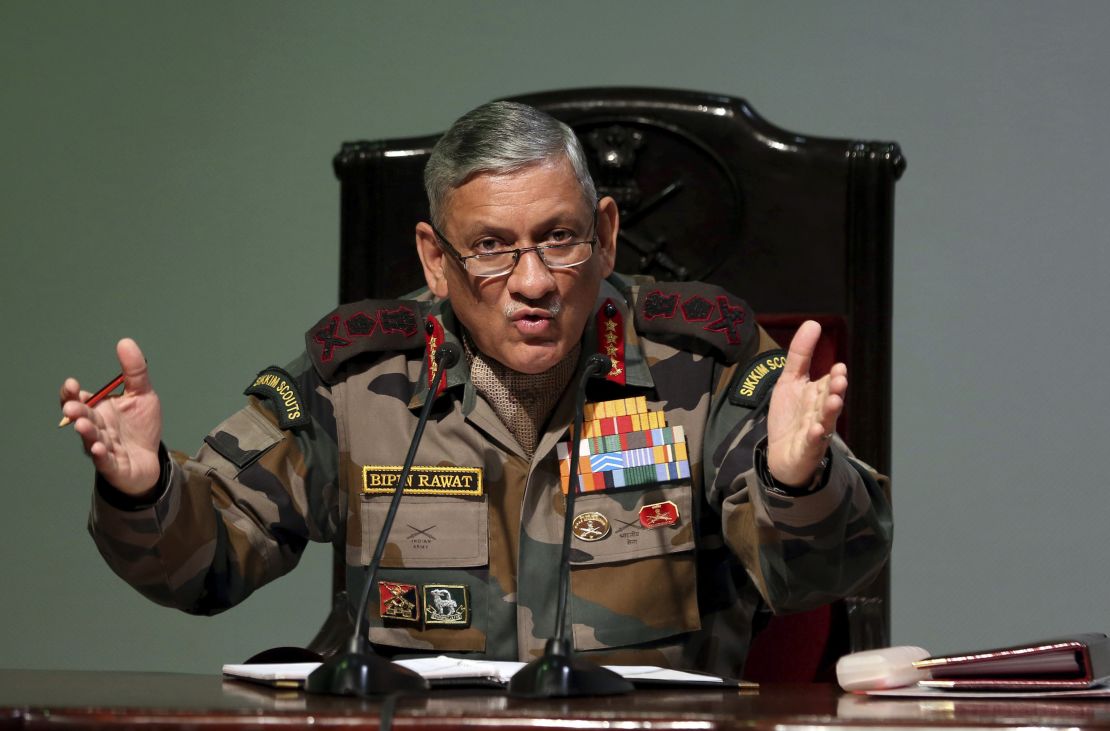 Gen. Bipin Rawat speaks at a news conference in New Delhi on January 12, 2018. 