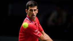 Serbia's Novak Djokovic eyes the ball as he returns to Kazakhstan's Alexander Bublik during the men's singles quarter-final tennis match between Serbia and Kazakhstan of the Davis Cup tennis tournament at the Madrid arena in Madrid on December 1, 2021. (Photo by OSCAR DEL POZO / AFP) (Photo by OSCAR DEL POZO/AFP via Getty Images)