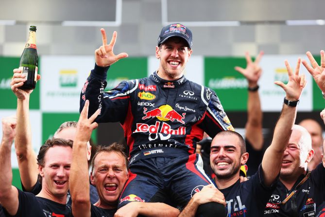 <strong>2012:</strong> Vettel fought back from last on lap one to finish sixth in Brazil, taking the title ahead of Fernando Alonso by three points. In the process, he became F1's youngest triple world champion.