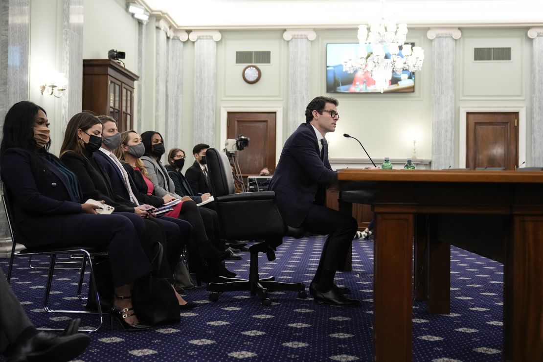 Head of Instagram Adam Mosseri testifies during a Senate Commerce, Science, and Transportation Committee hearing titled Protecting Kids Online: Instagram and Reforms for Young Users on Capitol Hill, December 8, 2021 in Washington, DC. 