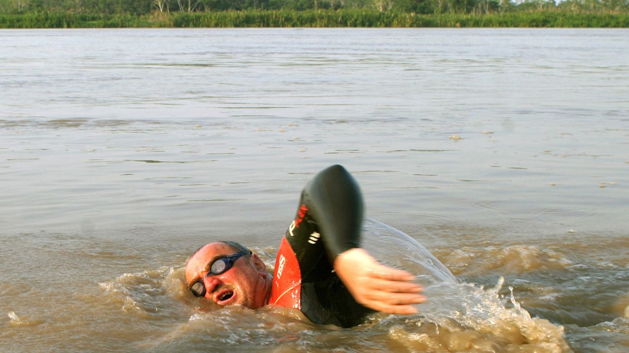 Martin Strel swimming in the Amazon River in Peru, 2007.