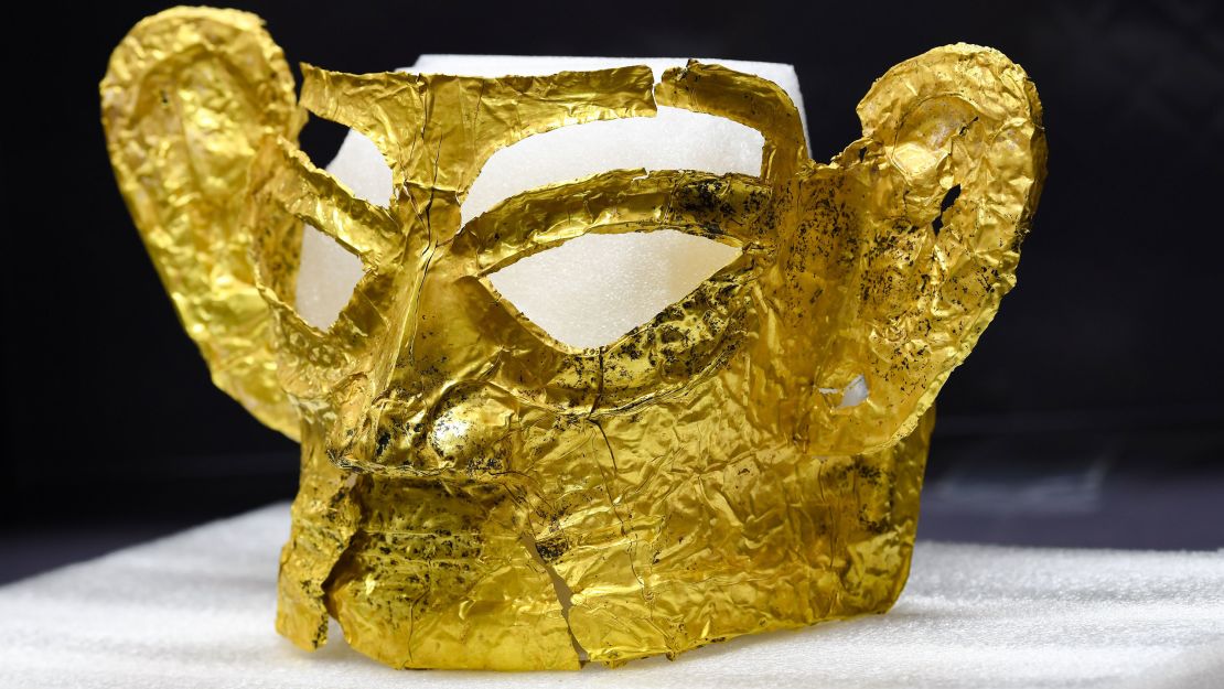 This golden mask is one of 500 relics recently discovered from a 4.6-square-mile site in southwest China.