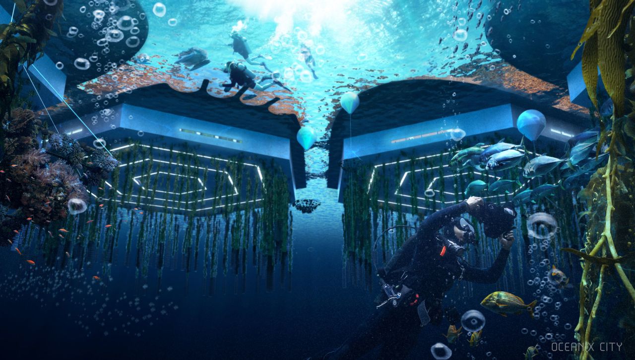 Beneath the platforms, biorock floating reefs, seaweed, oysters, mussel, scallop and clam farming could clean the water and accelerate ecosystem regeneration, designers say.