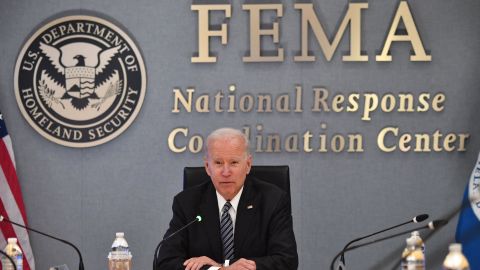 President Joe Biden participates in a briefing on hurricane season at FEMA headquarters in May.