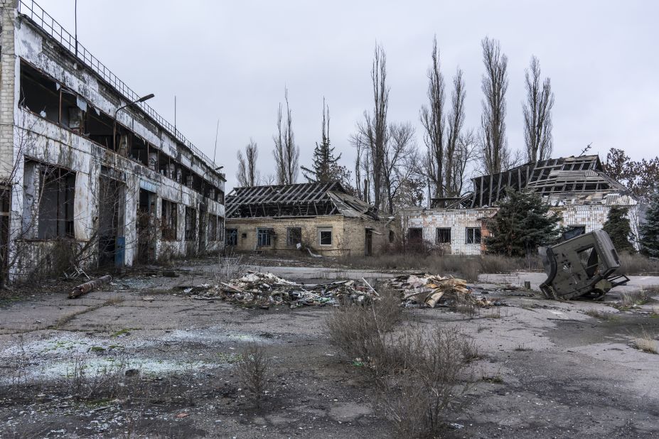 A destroyed police impound yard is seen in Marinka on December 8.